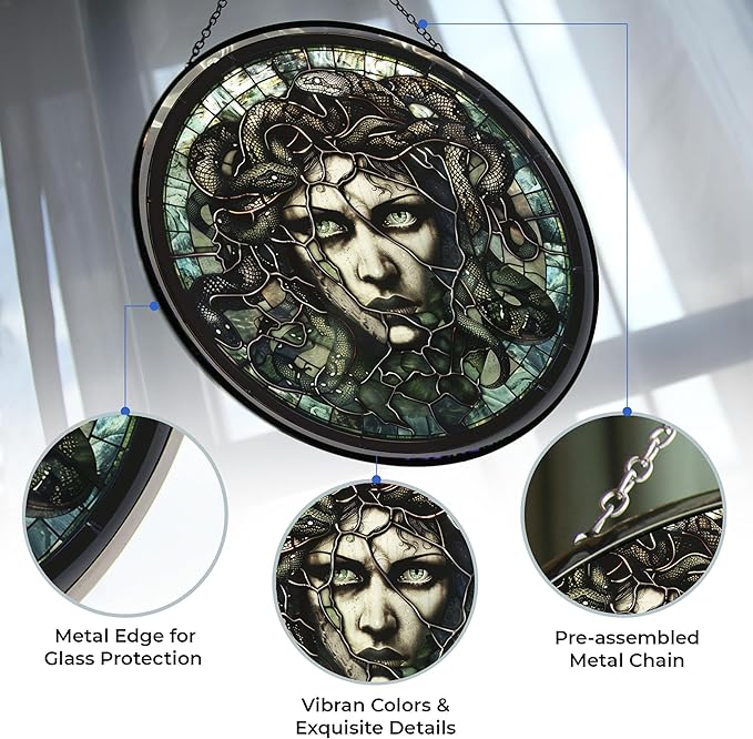 Medusa Stained Glass Window Hanging Window Suncatcher 12" Glass Panel with Metal Chain and Hooks Sun Catchers Indoor Wall Art Home Decor Gift for Women Mother's Day
