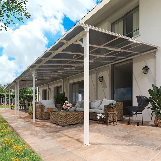 MEISSALIVVE 12' x 40' Gazebo, Wall Mounted Gazebo, Lean to Metal Awnings Gazebos with Sloped Roof, Outdoor Patio Awning for Backyard, Deck, White
