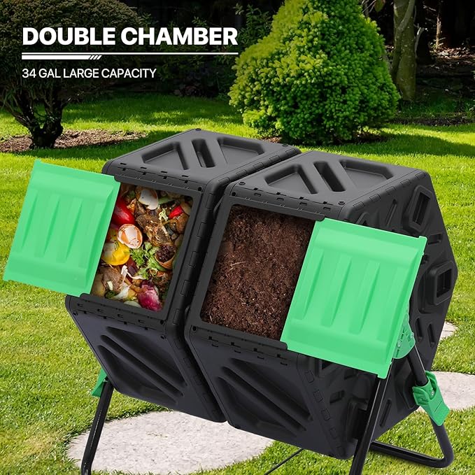 MoNiBloom 34 Gallon Compost Bins Outdoor Dual Chamber Composter Tumbler, All-Season Fast Working Tumbling Composter, High Volume Composter with 2 Sliding Doors