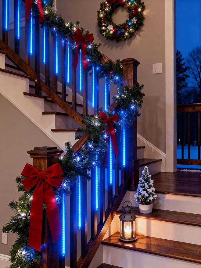 Flacchi Meteor Shower Icicle Lights - 5 Tubes 20" Each 270 LED Cascading Raindrop Lights, Timer Outdoor Waterproof Christmas Decorations for Holiday Party(Blue)