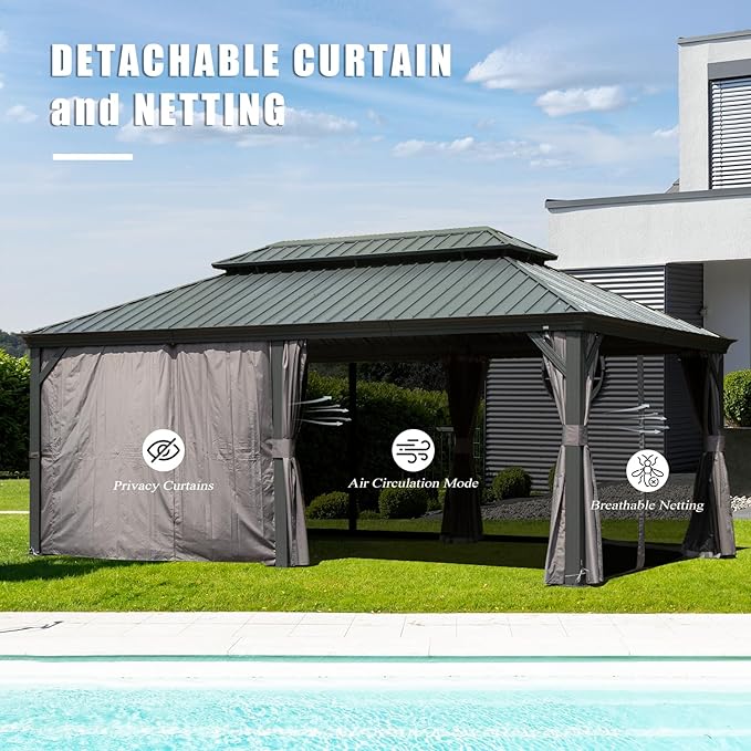 Domi 12'x18' Hardtop Gazebo Canopy Metal,Outdoor Aluminum Gazebo with Galvanized Steel Double Roof,Permanent Gazebo Pavilion for Patio Deck Backyard,Curtain and Netting,Grey