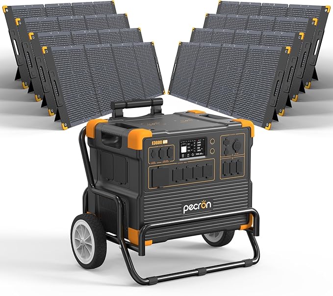 pecron E3600LFP Solar Generator 3072Wh with 8x300W Solar Panels Trolley Kit, 5x3600W AC Outlets Portable Power Station, LiFePO4 Battery Backup Expanded to 15.36KWh, Power Station for Home Use, Camping