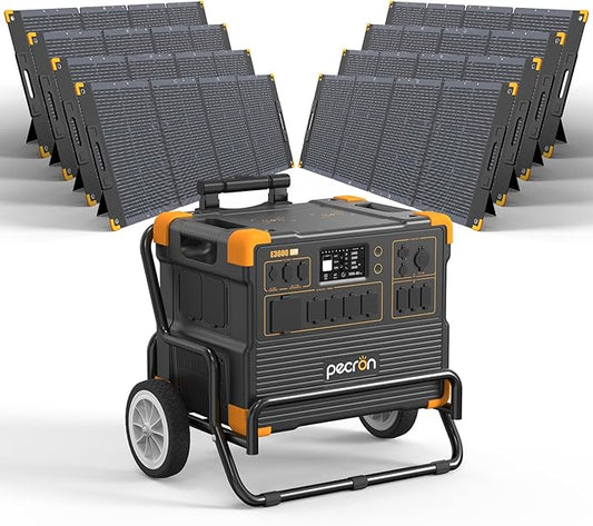 pecron E3600LFP Solar Generator 3072Wh with 8x300W Solar Panels Trolley Kit, 5x3600W AC Outlets Portable Power Station, LiFePO4 Battery Backup Expanded to 15.36KWh, Power Station for Home Use, Camping
