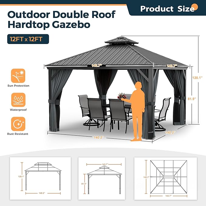 HAPPATIO 12' x 12' Hardtop Aluminum Gazebo with Galvanized Steel, Double Roof Permanent Patio Metal Canopy with Netting and Curtains for Garden, Lawns, Parties (Grey)