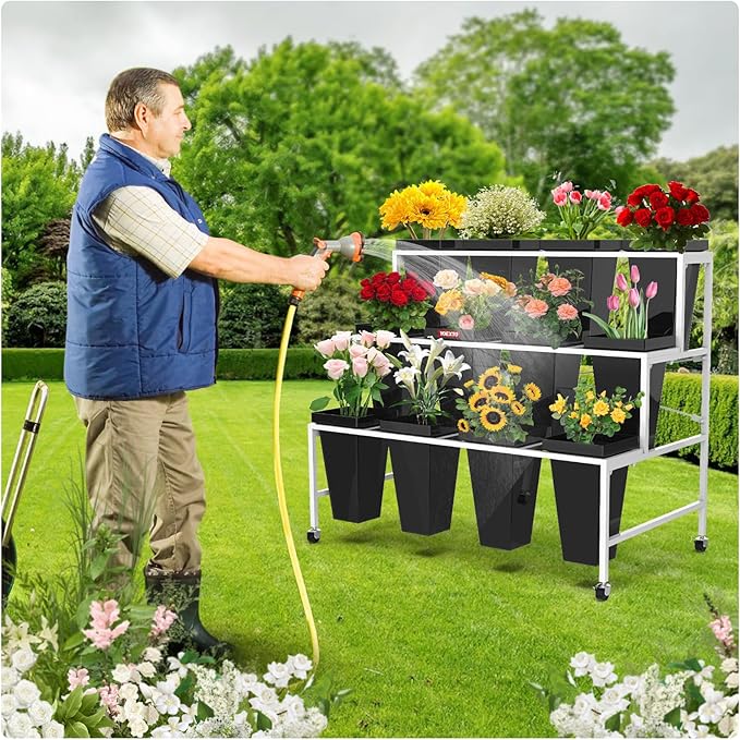 Flower Display Stand 3 Layers with 12 PCS Round Buckets, Plant Stand with Wheels, Movable Metal Plant Stand for Terrace Garden, Living Room, Florist Shop