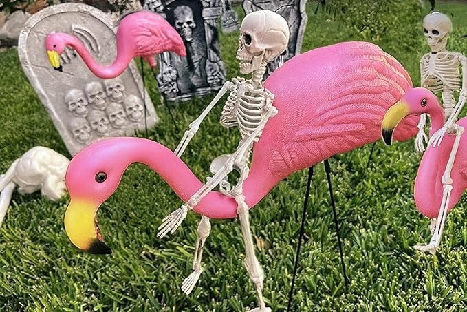 GIFTEXPRESS 8‑Piece Halloween Yard Decorations – 4 Posable 16 inch Skeletons + 4 Pink Flamingo Lawn Ornaments with Rust‑Resistant Stakes & Pink Zip Tie, Outdoor Garden Statues, Spooky Graveyard Decor