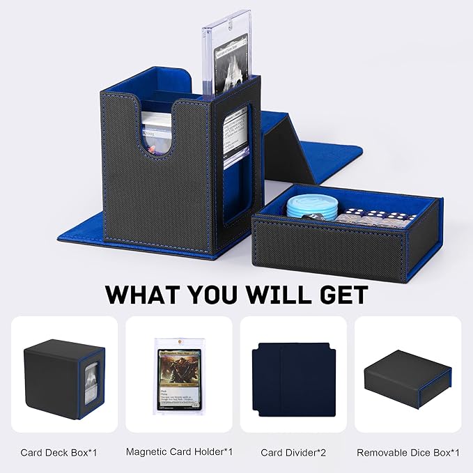 Trading Card Deck Box with Commander Display，2 in 1 MTG Storage Holds 100 Double-Sleeved Cards，1 Deck Boxes & Dice Tray Included，Fits MTG, TCG, PTCG & Sports Cards