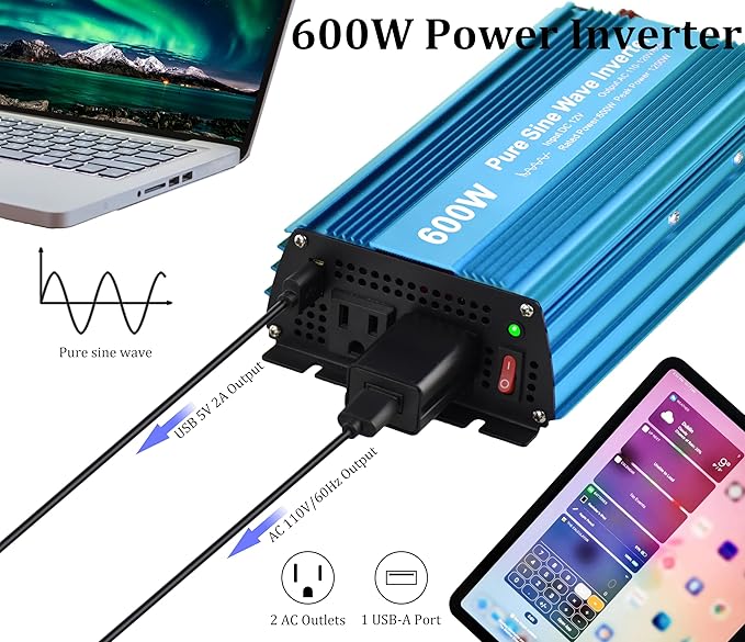 DC 12V to AC120V Pure Sine Wave Power Inverter 600W with Dual sockets Output and DC 5V 2Amp USB Output. Ideal for Most Small Power appliances. (600W)