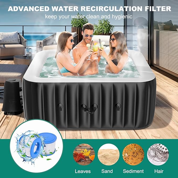 DoCred 2-4 Person Inflatable Hot Tub, 60" X 60" X 25" Square Portable Hot Tub with 120 Bubble Jets, Large Outdoor Spa Blow Up Bathtub Set with Heater Pump, Insulated Cover and Filter