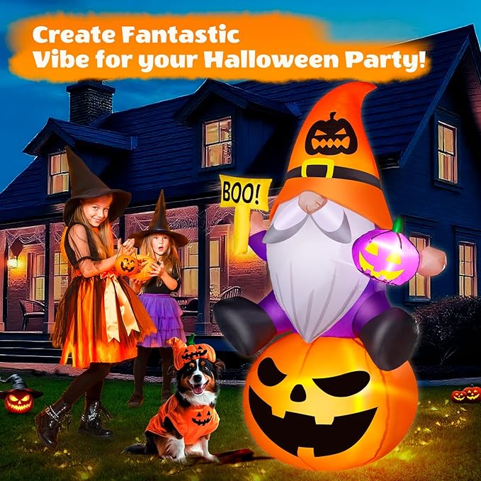 5FT Halloween Inflatables Gnome with Pumpkin Halloween Decoration Outdoor Built-in Brilliant LED Lights, Blow Up Yard Decorations Outdoor Indoor Garden Party Lawn