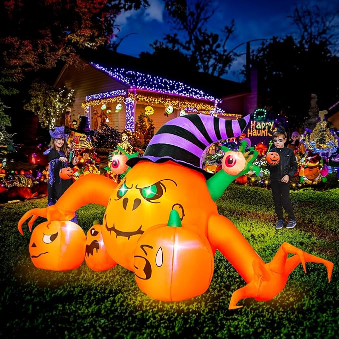 8FT Pumpkin Halloween Inflatables Outdoor Decoration with 7 LED Lights Built-in, Pumpkin Combo with Wizard Hat and Scary Hands, Blow Up Halloween Decor for Outside Yard Patio Lawn