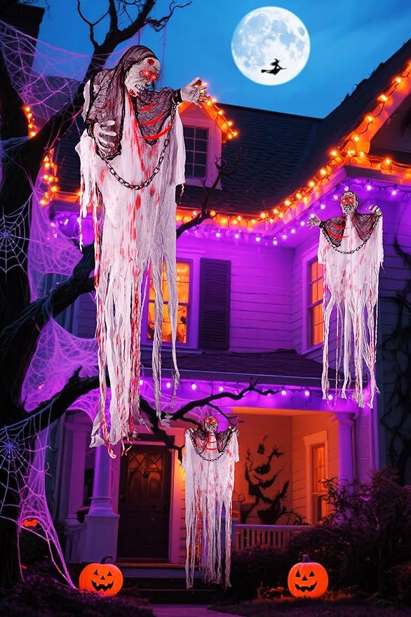 Joomer Animated Halloween Decorations, Life-Size Animatronic Hanging Ghost Scary, Faceless Grim Reaper Swing White Robe with Creepy Sound and Light for Indoor Outdoor Horror Decor