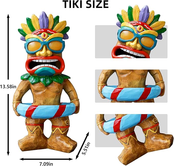 Tiki Statue with Swim Ring - Tiki Bar Decorations Outdoor Decor, Garden Statue with Solar Light for Patio Porch Poolside Balcony - Yard Art Lawn Ornaments Figurine Gardening Gift for Tiki Lover