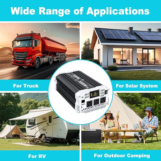 1500 watt Pure sine Wave Inverter, 12V DC to 110V AC Power Inverter, Used for Solar Emergency Power Supply in RV Homes, with 3 AC Output sockets, USB Port, Type-C Port, Remote Control with LCD Screen