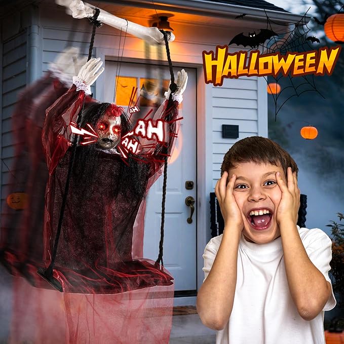 Halloween Decorations Outdoor, Scary Hanging Swinging Girl Props Sound & Slap Activated with Creepy Sound Expressions Light Up Eyes, Halloween Outside Ghosts for Haunted House Yard Lawn Decor