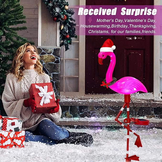 Solar Garden Lights Christmas Decorations Outdoor Waterproof,2 Packs Solar Flamingo Light,Birthday Xmas Gifts for Women Mom,Pink Flamingo Garden Statue,Decorative Lights for Yard Art Patio Porch Lawn