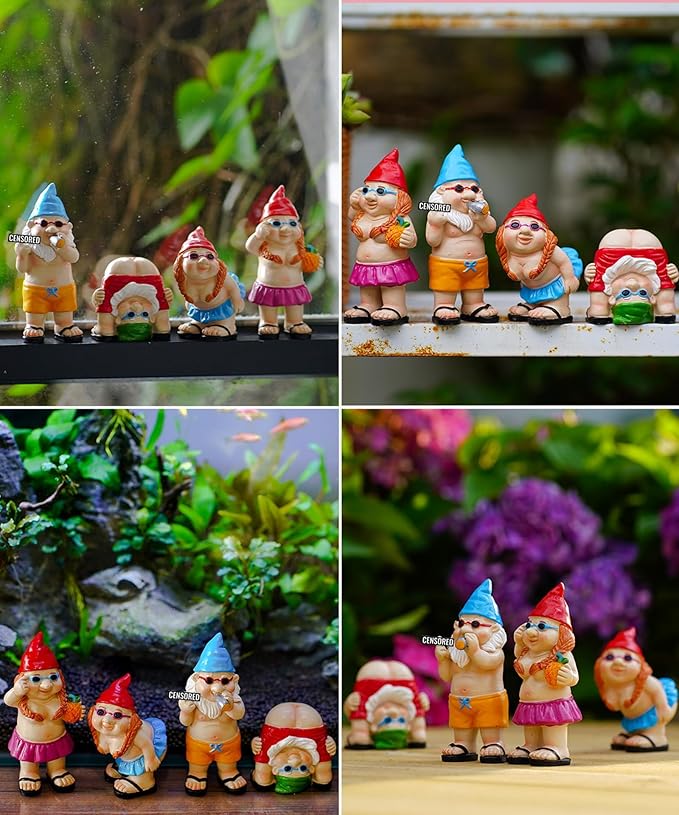 Gnome Garden Decor Outdoor Statues: Funny Figurines for Ornaments Patio Lawn Office Indoor Accessories(4 Pack) - Gifts for Mother Grandma