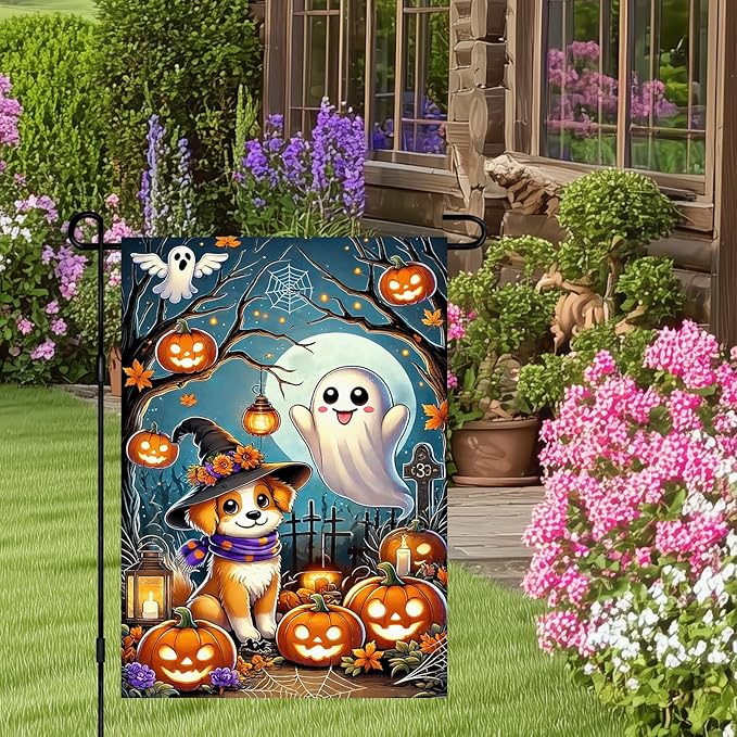 Halloween Horror Garden Flag 12x18 Inch Cute Ghost Dog Witch Hat Pumpkin Lantern Flag Spooky Outdoor Yard Decor House Banner Porch Lawn Patio Home Decoration