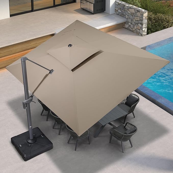 PURPLE LEAF 10' X 13' Cantilever Umbrella with Base Included Patio Outdoor Rectangle Large Deck Heavy Duty Market Sun Umbrella for Garden Backyard Pool Taupe