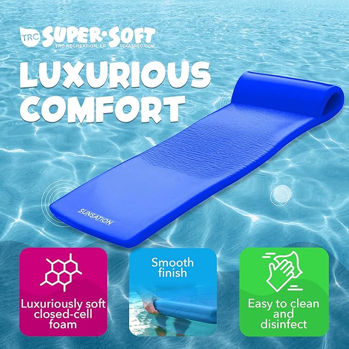 TRC Recreation Sunsation Vinyl Coated Foam Swimming Pool Float Mat Adult Lounger with Built-in Roll Pillow