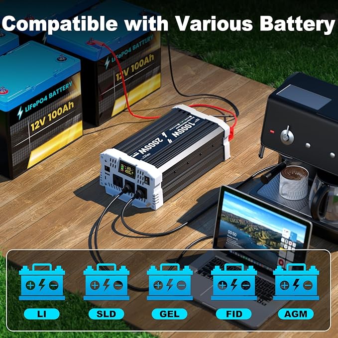 1000 watt Pure sine Wave Inverter, 12V DC to 110V AC Power Inverter, Used for Solar Emergency Power Supply in RV Homes, with 3 AC Output sockets, USB Port, Type-C Port, Remote Control with LCD Screen