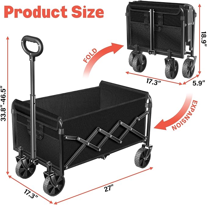 Wagons Carts Foldable,360 lbs Collapsible Wagon with Wheels Foldable Wagon Cart with Flexible Handle,Lightweight Portable Folding Cart for Camping Beach Picinic Grocery Outdoor Sports Shopping(Black)