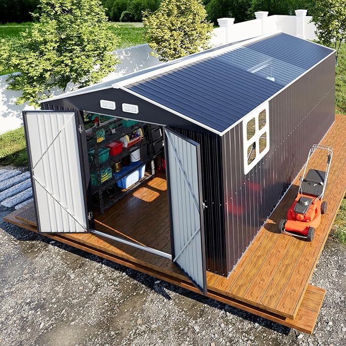 Metal Shed 10x16 FT Large with Customizable Skylight, Reinforced Steel Frame, Heavy-Duty Galvanized Steel Big Garden Sheds with Lockable Doors,4 Pane Windows, Large Utility Tool Sheds