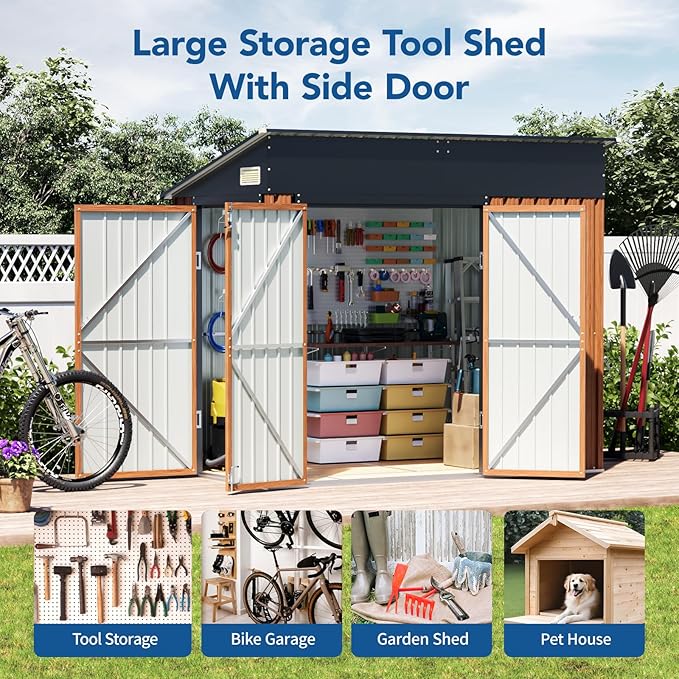 8x4 Ft Outdoor Metal Shed, Storage Shed with Updated Frame Structure & Triple Lockable Doors, Large Garden Tool Shed for Backyard, Patio, Lawn & Utility Storage
