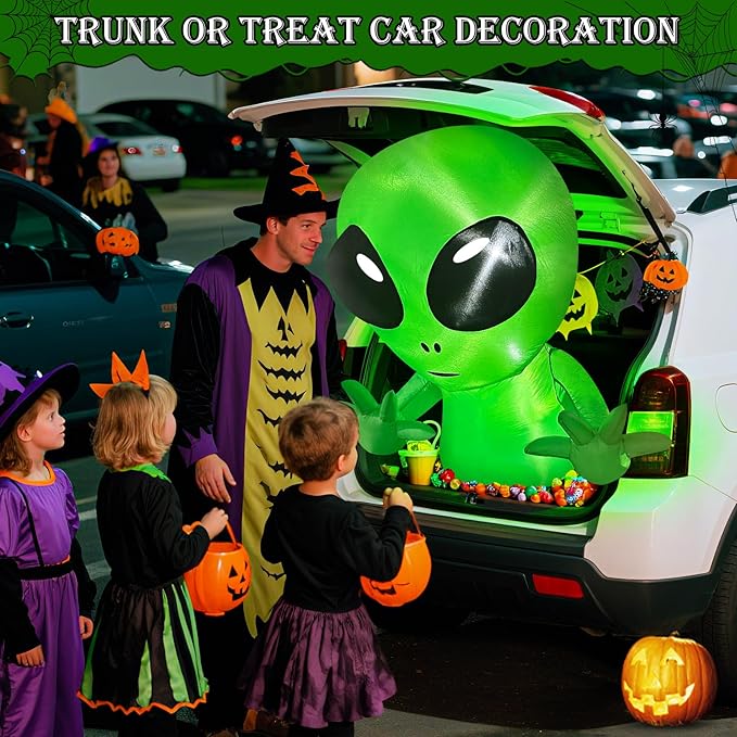 3.5 Ft Halloween Inflatable Alien Trunk Or Treat Car Decoration with Built-in LEDs, Halloween Blow Up Alien Broke Out from Car Decoration Outdoor Yard Decor