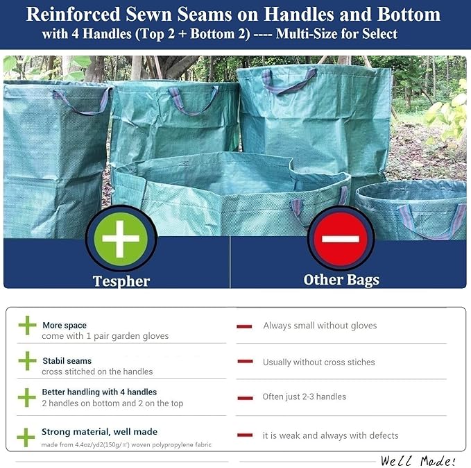 Standard 3-Pack 46 Gallon Yard Garden Bags (D26, H19 inch) with Garden Gloves, Leaf Bags,Yard Waste Bags,Recycling Bag,Camping Waste Bin,Laundry Bag,Lawn Debris,Grass Clippings,Weeds Barrel 4 Handles