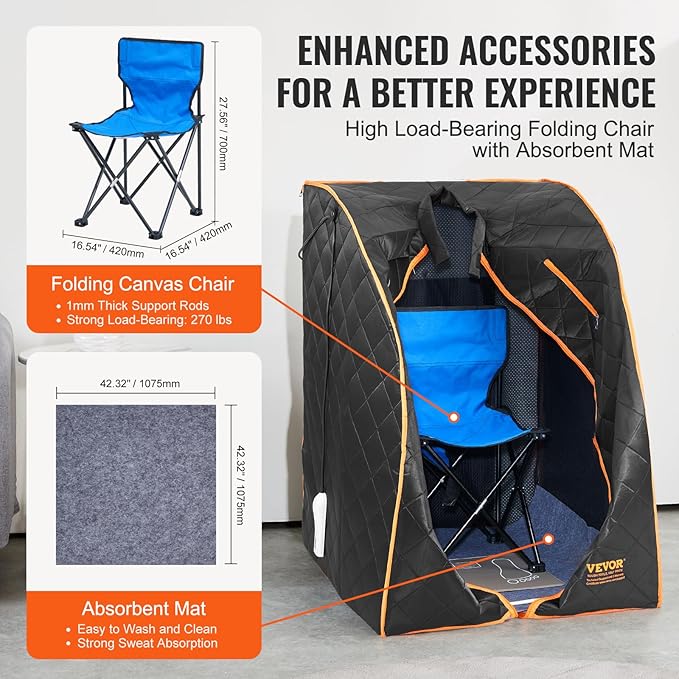 VEVOR Infrared Portable Sauna Tent, 1050W Personal Sauna Kit for Home Spa, Heated Body Therapy, Time & Temperature Remote Control with Chair & Floor Mat & Storage Bag, Black, 2.2’x 2.6’x 3.2’