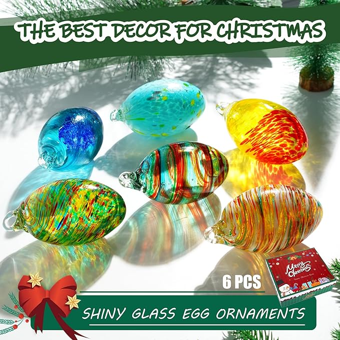 Set of 6 Hand Blown Glass Egg Ornaments Hanging Gazing Ball Witches Ball Friendship Decor for Home Outdoor Wedding Party Christmas Tree