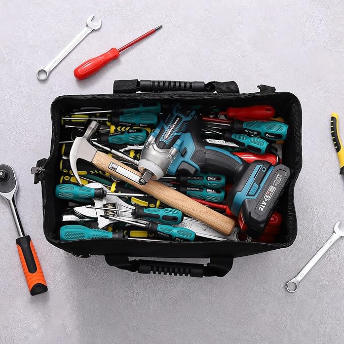 16 inch Heavy Duty Tool Bag for Work | Father's Day Bitthday Gift for Dad | Waterproof Oxford Fabric, Wide Mouth Design, Multi-Pocket Organizer with Padded Strap (Black)