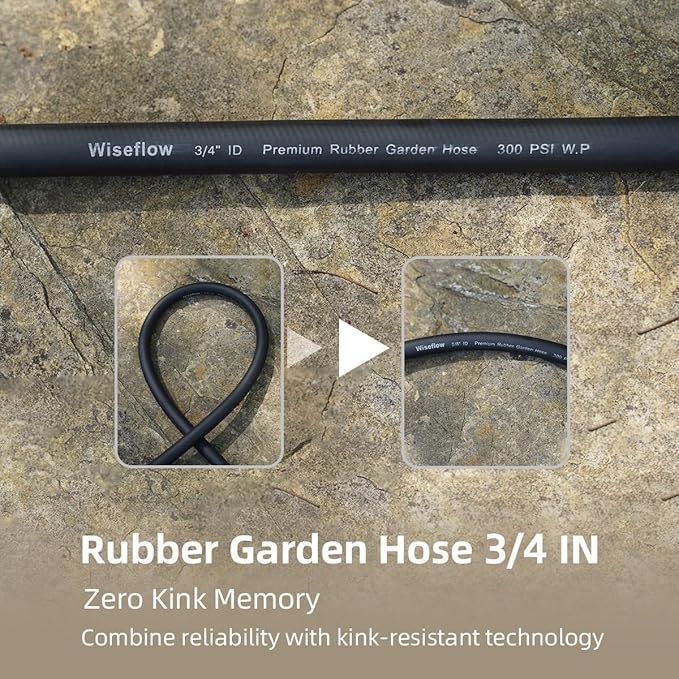 WiseFlow Garden Hose 25FT x 3/4", Heavy Duty Rubber Hose, Water Hose with Five Layered Braiding, Male Female Fittings, 1000PSI Burst, 300PSI Working (Black)
