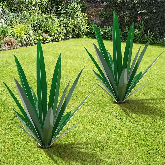 TOMBABY Large Leaf Thickened Metal Agave Plant Outdoor Decoration Desert Courtyard Art Plant Garden Decoration Outdoor Metal Art Floral Gift (2, Green)