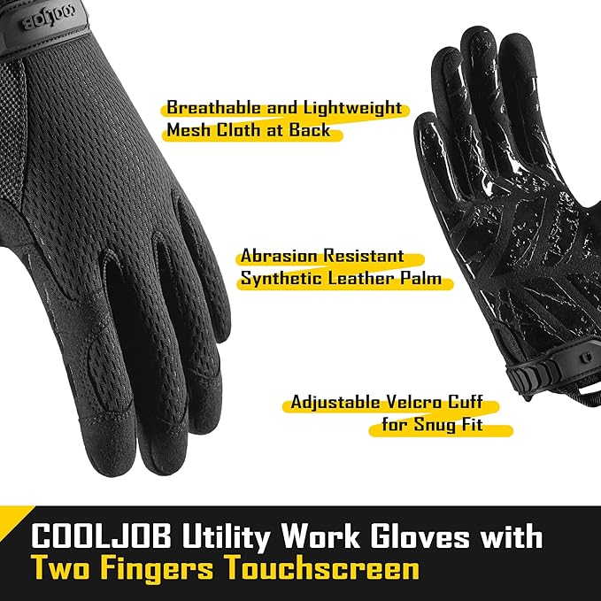 COOLJOB Touchscreen Utility Mechanic Safety Work Gloves For Men with Grip, Breathable, Ultra-Soft, Lightweight，S-XL