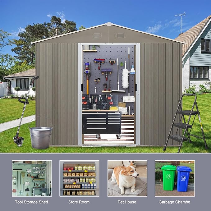 10 x 8 FT Outdoor Storage Shed, Metal Garden Shed with Floor Frame, Large Tool Shed Outdoor Storage with Lockable Sliding Doors & Air Vents, Storage House Waterproof for Backyard, Lawn, Gray