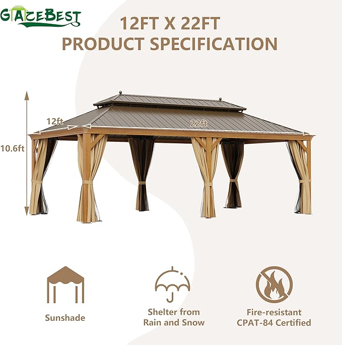 12' X 22' Hardtop Gazebo, Aluminum Wood-Looking Frame Outdoor Permanent Galvanized Steel Double Roof Pavilion Pergola Canopy with Privacy Curtains for Garden, Patio, Backyard, Deck and Lawns.