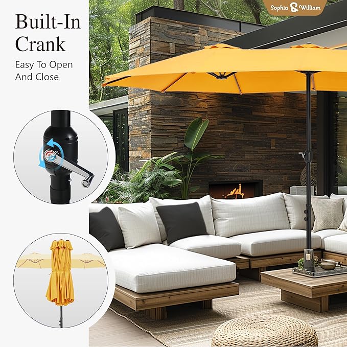 Sophia & William 15 ft Extra Large Patio Umbrella with Base Included, Rectangular Outdoor Umbrella Heavy Duty, Market Umbrella Double-sided Fade Resistant for Pool Garden Backyard, Golden yellow