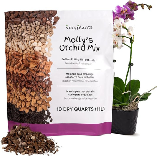 Molly's Orchid Mix - Premium Soilless Potting Mix for Orchids - Contains Bark, Coco Chips, Akadama, Pumice, Lava Rock, 11 Liters