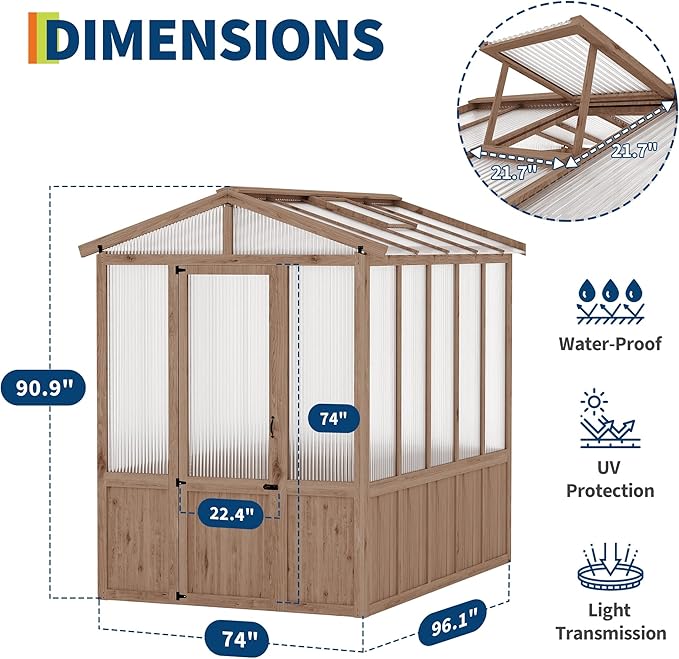 6x8FT Wooden Greenhouse with Cedar Frame, Outdoor Wood Greenhouses with Roof Vent, Wood and Polycarbonate Walk-in Greenhouse