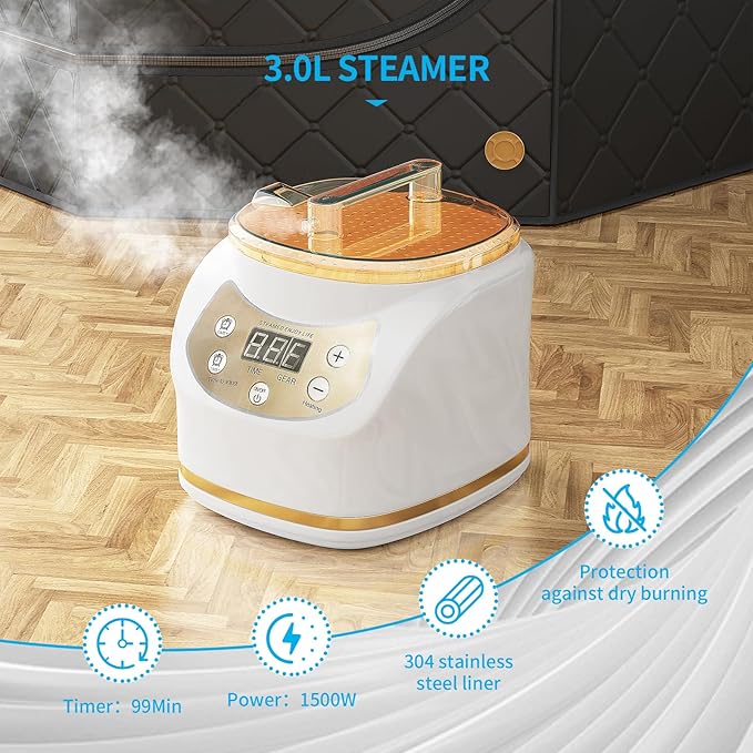 Home Steam Sauna Box, Portable Sauna for Home, Steam Sauna Tnet Full Size Single Person Sauna with 3.0L&1500W Steamer, Remote Control, Foldable Chair & RGB LED Light （Black）