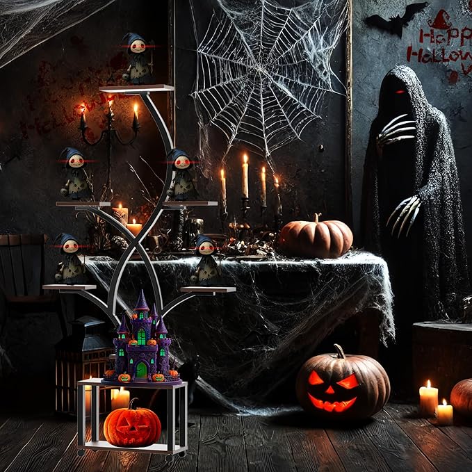 Halloween Plant Stand with Grow Lights, 8-Tiered Metal Shelf for Spooky Home Decor, Display for Pumpkins & Eerie Plants, Create an Eerie Ambiance for Patio & Indoor