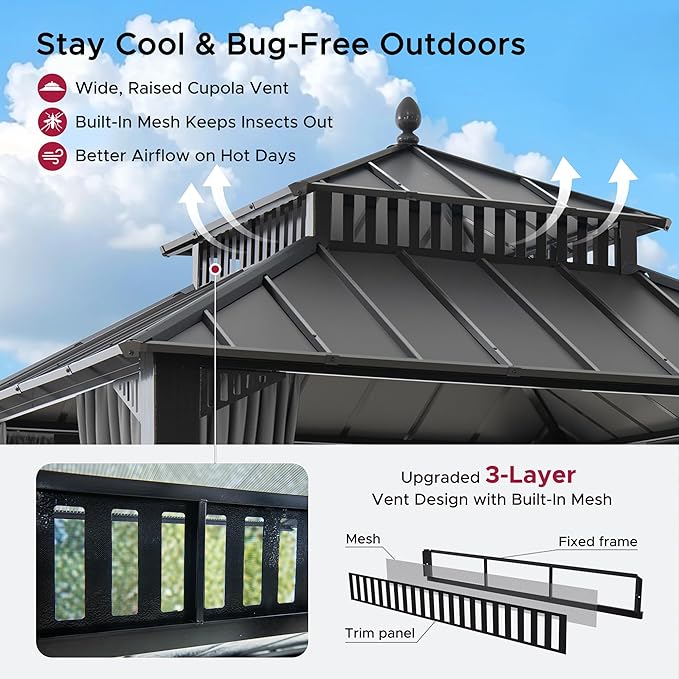 SUNJOY Kingston 10' x 10' Hardtop Gazebo with Galvanized Steel Double Roof, Curtain and Netting, Gray Aluminum Posts Permanent Pavilion Gazebo for Garden, Patio, Deck, Lawn