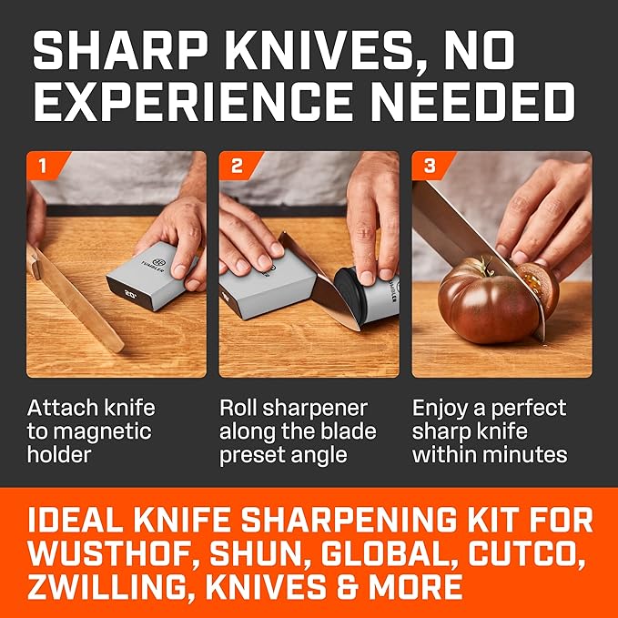 TUMBLER Pro Rolling Knife Sharpener™ - Knife Sharpening Made Easy - Rolling Knife Sharpening Kit with Removable Disc System - Includes 4-Layer Diamond Sharpening Disc & EdgeBoost Ceramic Disc (Grey)