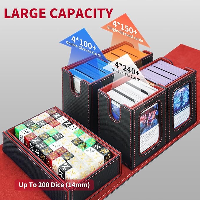 AFIING Commander Deck Box for MTG, Holds 400+ Double-Sleeved Cards, 4 Removable Deck Cases with Display Window, Dice Tray/Handle,Trading Card Storage Organizer/Dividers for TCG (Black Red)