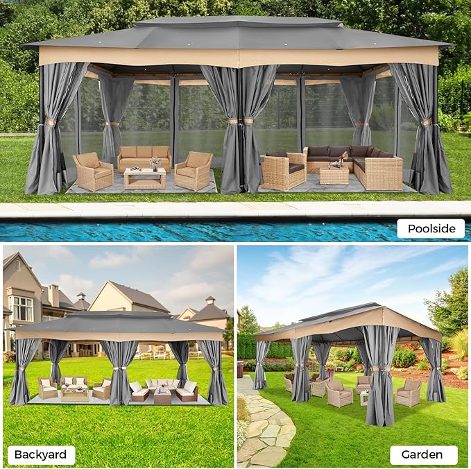 COBIZI Gazebo 12x20 Heavy Duty Gazebos with Curtain and Netting Outdoor Gazebo Canopy Double Roof Patio Gazebos with Metal Steel Frame for Patio, Garden, Backyard (Gray)