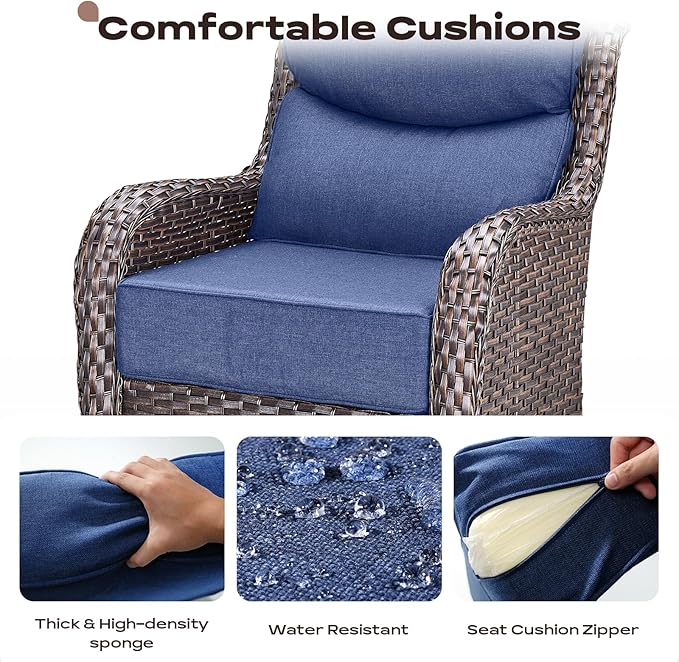 Rilyson Outdoor Patio Swivel Rocker Chairs Set of 2, Waterproof Wicker, High Back, Deep Seating, Wide Armrest, Upgraded 6 inch Thick Cushions, Ideal for Deck Porch Backyard, Brown/Blue
