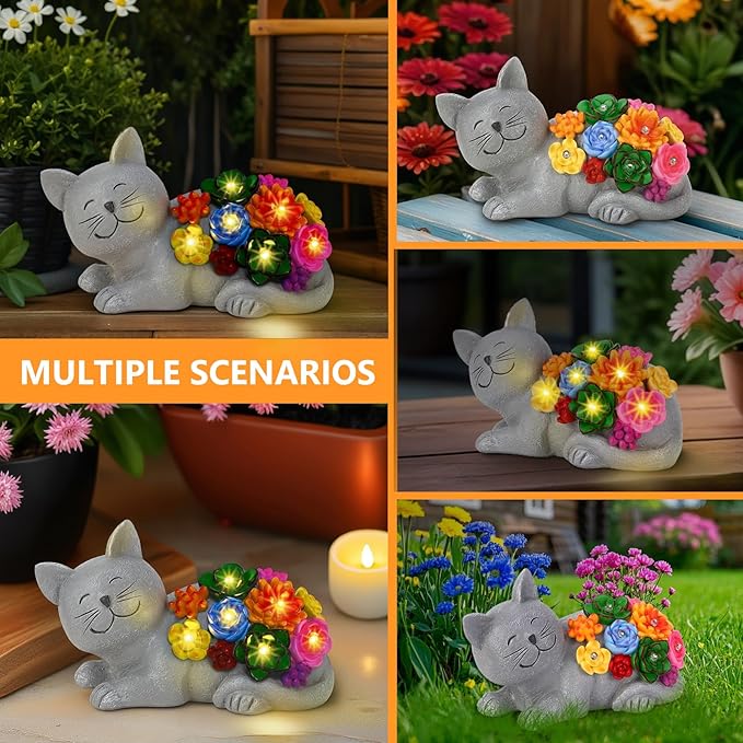 Solar Garden Decor Cat Statue, Outdoor Decor Cat Figurine with Succulentss and 6 LED Lights for Yard Art Lawn Porch, Unique Birthday Gifts for Women Mom