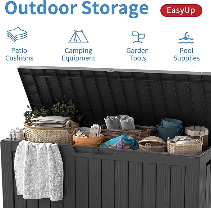 EasyUp 90 Gallon Outdoor Storage Box, Resin Waterproof UV-Resistant Deck Box, Reinforced Stability for Patio, Garden, and Poolside, Striped Black